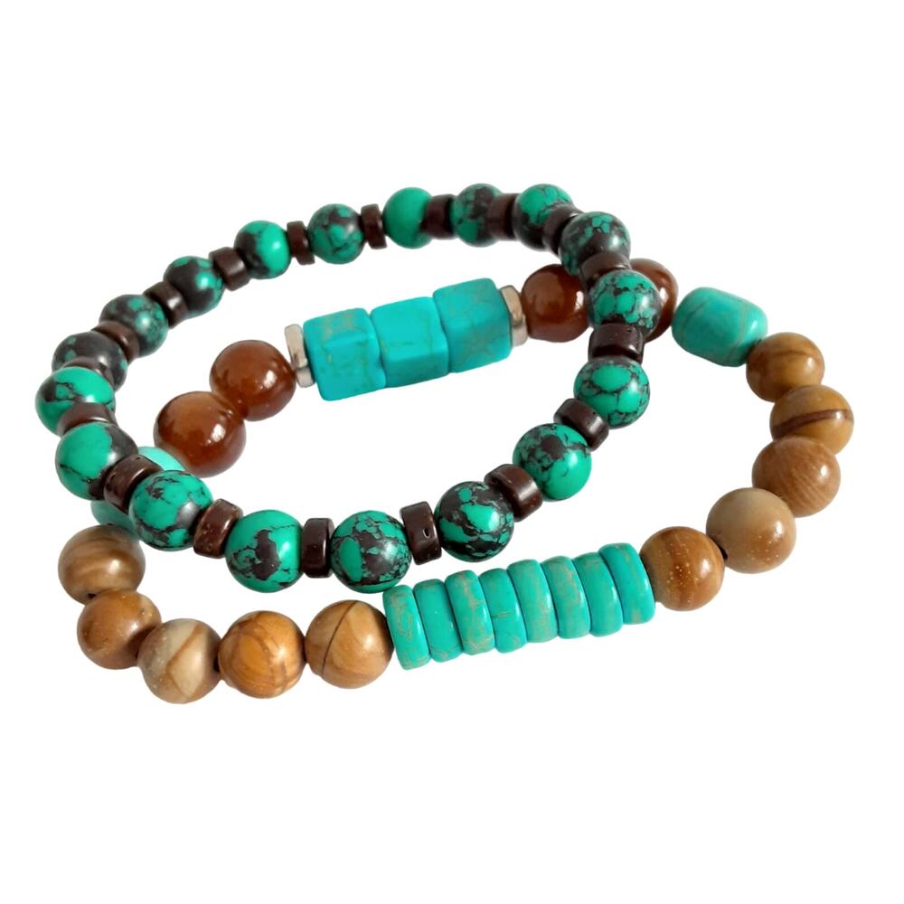 Vintage Beaded Stretch Bracelets Set Brown & Blue Natural Stone Bracelet Stack